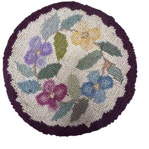 Vintage Floral Round Wool Hooked Rug 6.5” Dollhouse Formal Purple Border Flowers